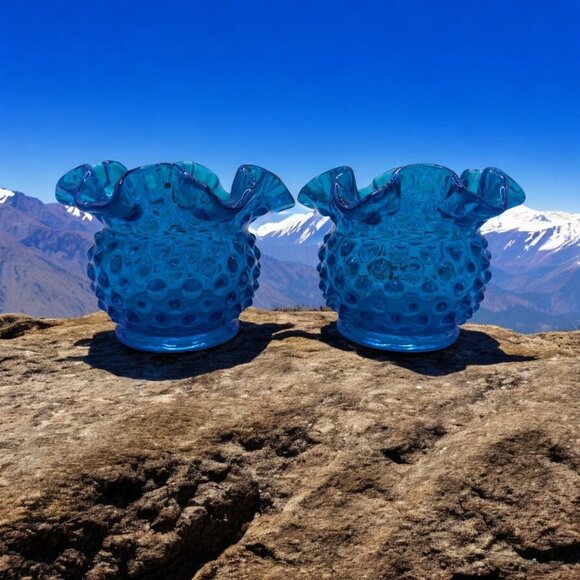 Fenton Blue Hobnail Glass Vase Set - 2 Pieces Ruffled Edge Collectibl - Picture 1 of 12